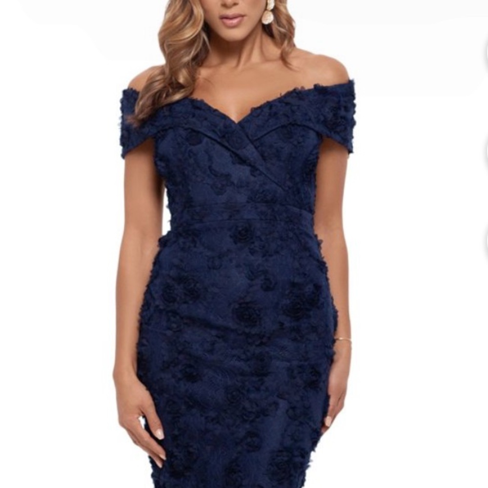 Xscape Navy off the shoulder sheath dress Size 14
